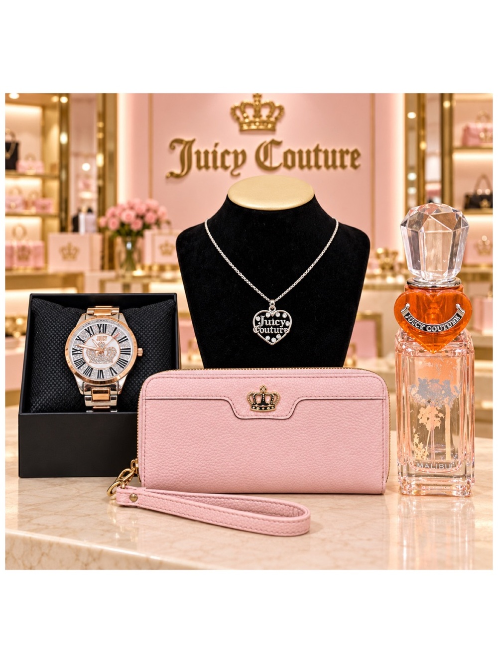 Juicy Couture. Accessories Bundle: Juicy Watch, Zip Wristlet and Heart Necklace.